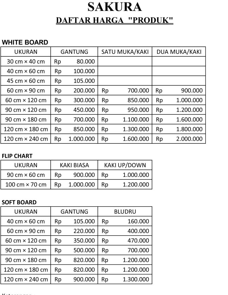 Daftar Harga whiteboard sakura
